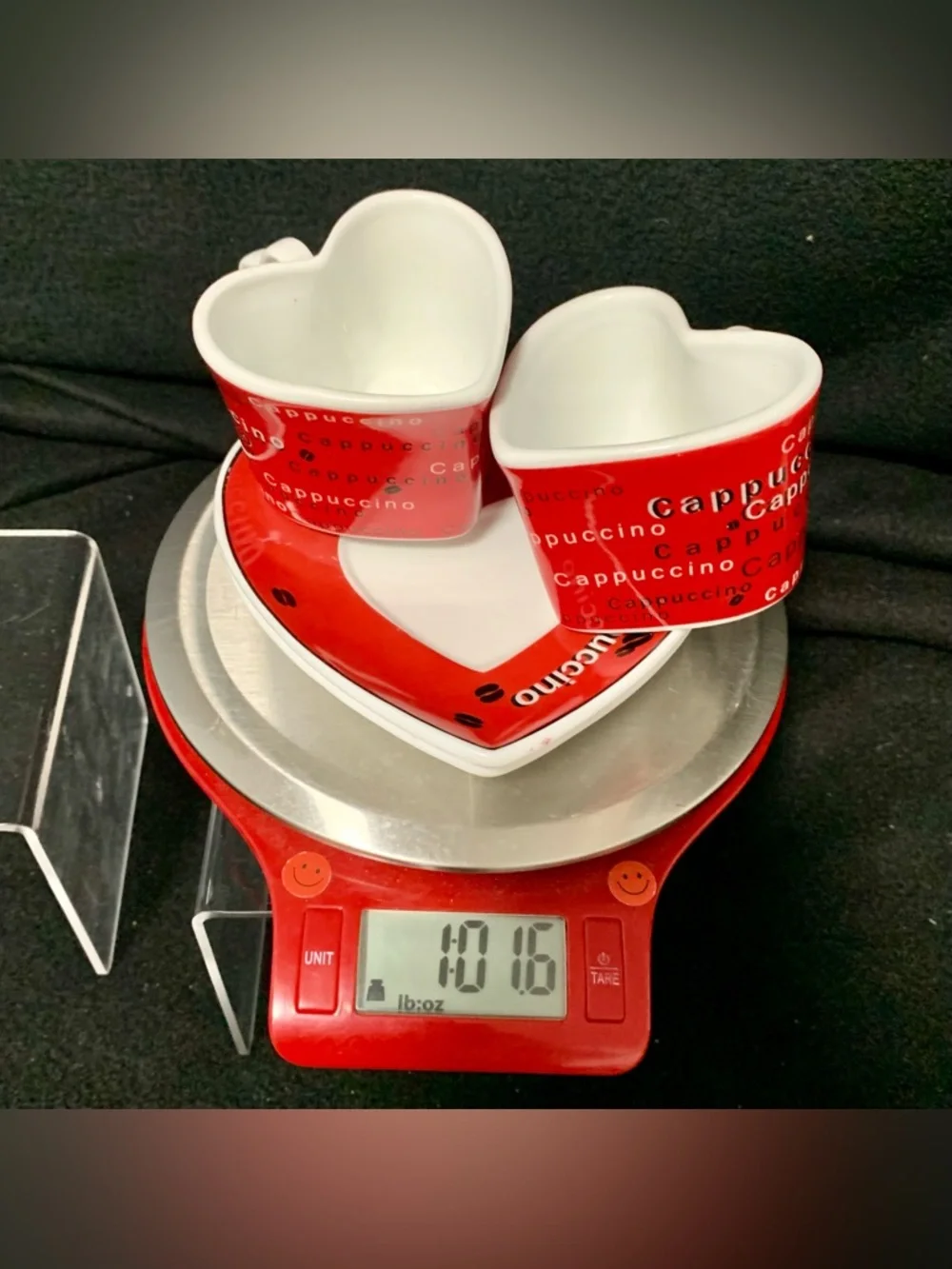 🔍(2) HEART-SHAPED CAPPUCCINO CUP & SAUCER SETS — RED & WHITE